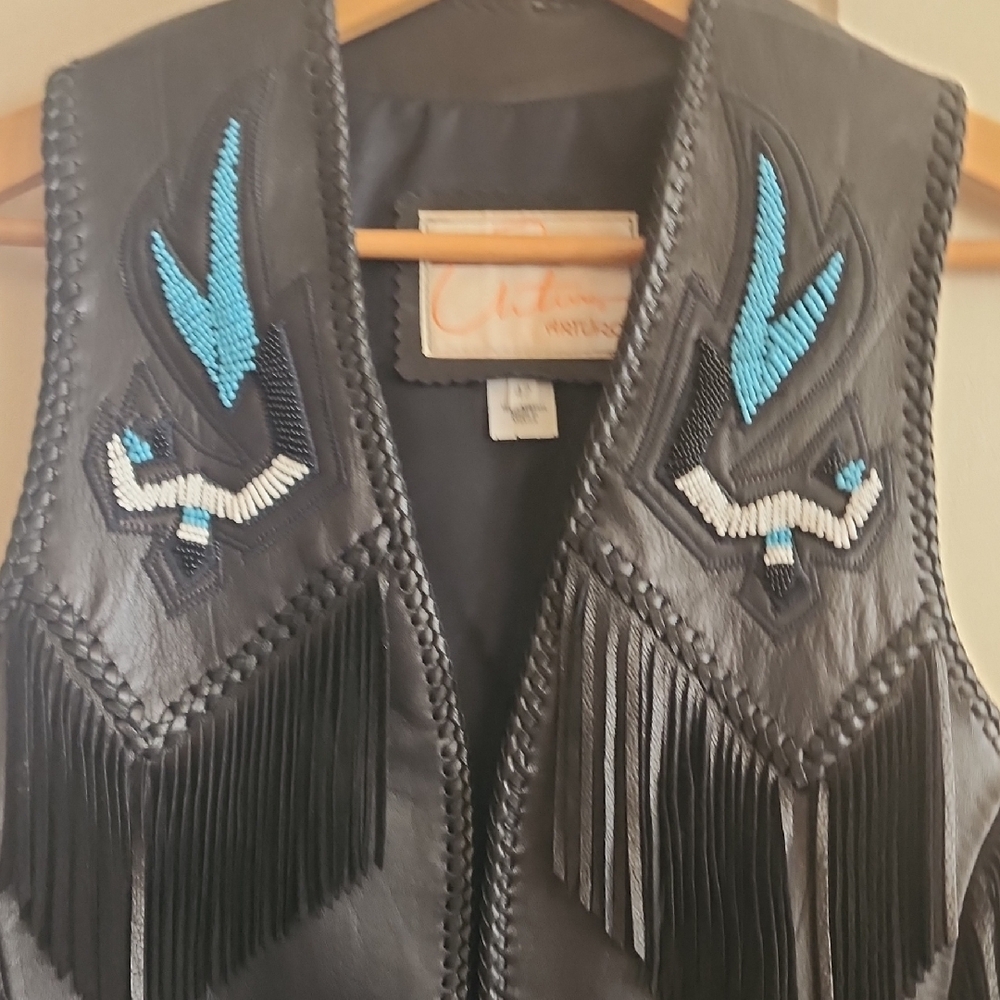Black Leather Vest with Blue Embroidery - Picture 5 of 6